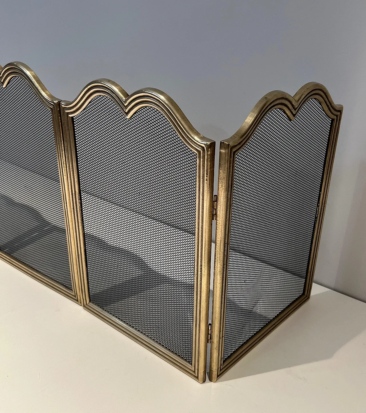 Paravento per camino in ottone e griglia stile neoclassico, anni '70 15