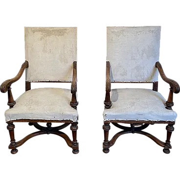 Coppia di poltrone con schienale alto in noce stile Luigi XIII, '800