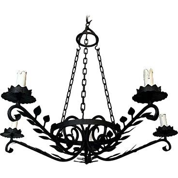 Lampadario in ferro battuto a 5 bracci decorato con foglie, anni '50