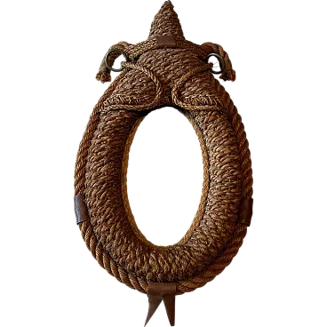 Specchio ovale in corda e pelle di Audoux Minet, anni '70