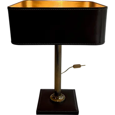 Lampada da scrivania in pelle marrone e ottone, anni '70