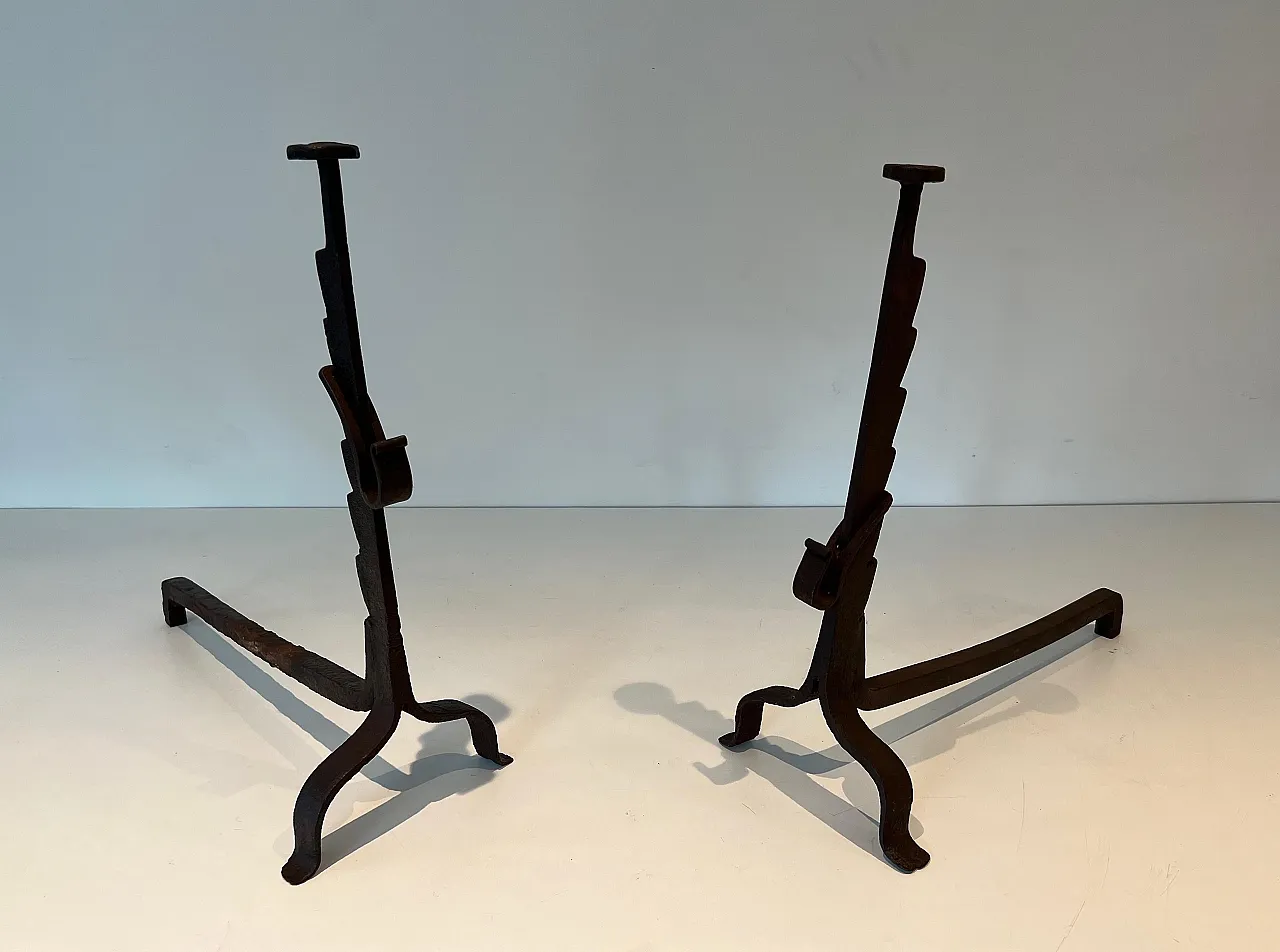 Pair of wrought iron andirons, 20th century 12