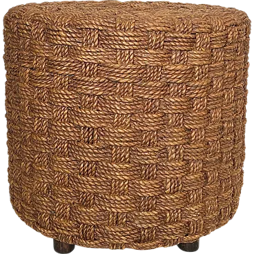 Sgabello in corda con piedi rotondi in legno, anni '70