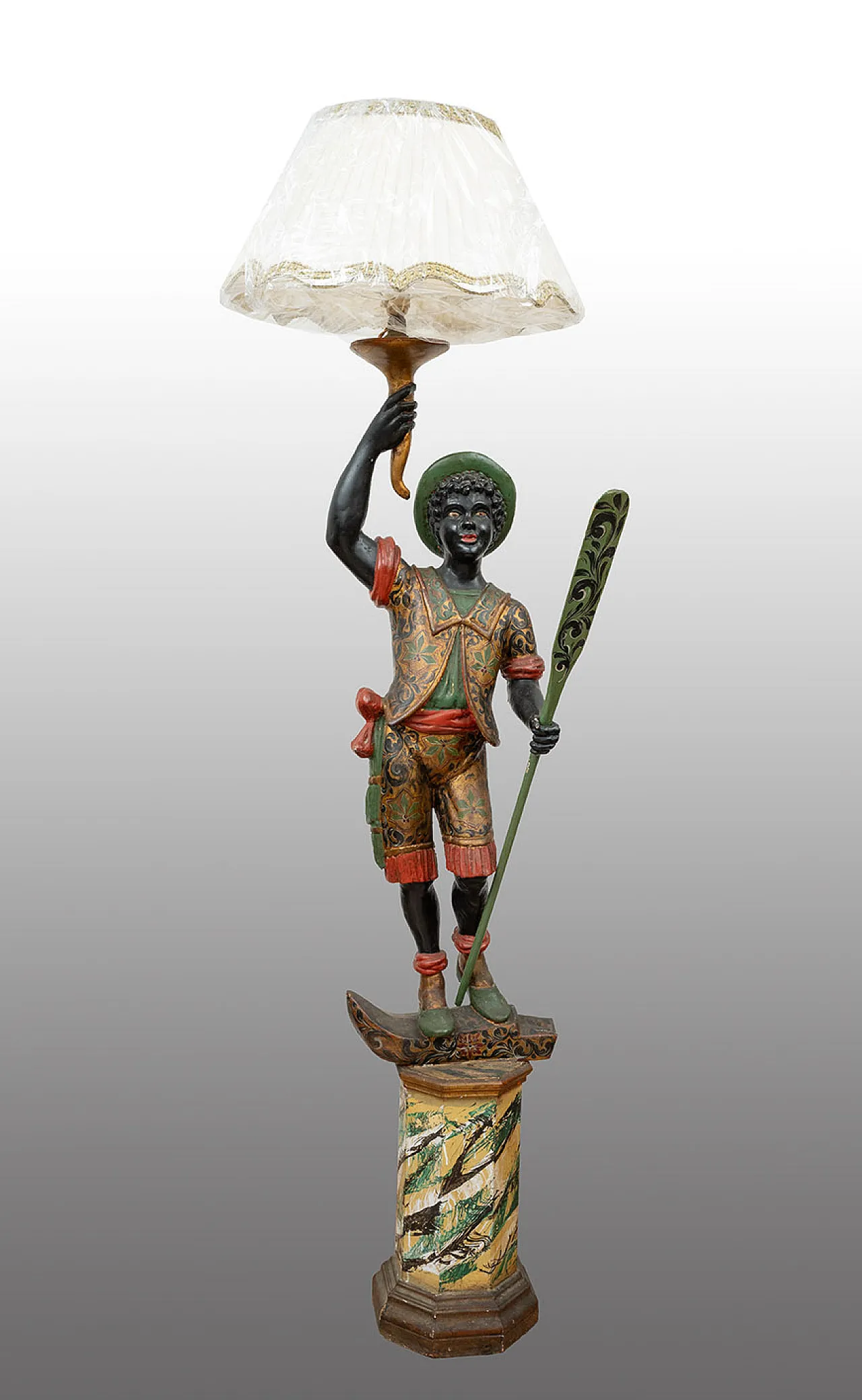 Lampada scultura in legno policromo Moro di Venezia, '800 1