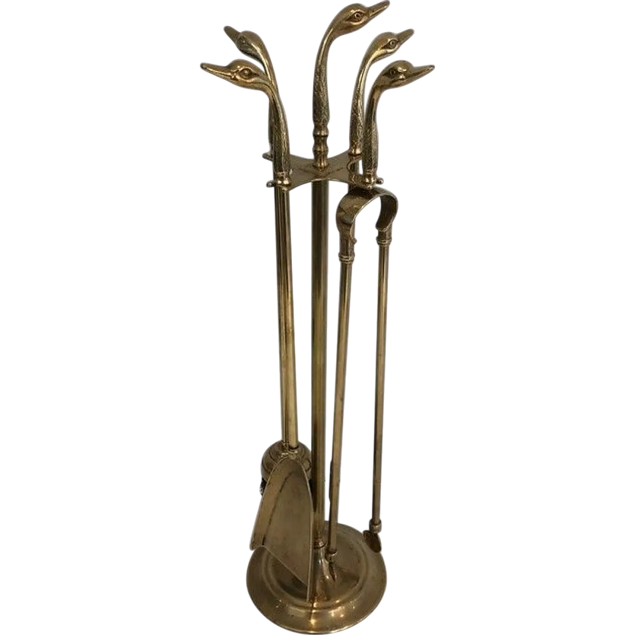 Brass fireplace tools with duck heads on stand, 1940s 11