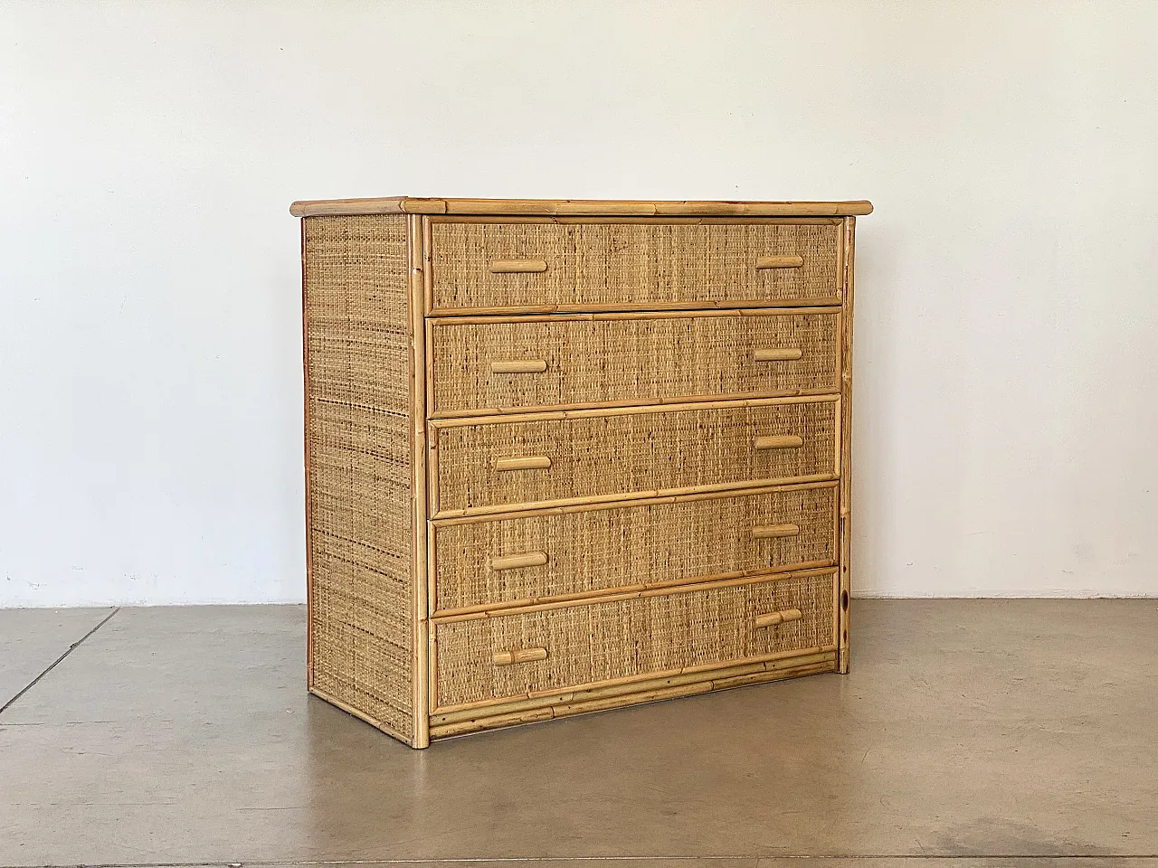 Drawer in wicker and bamboo 70s 1