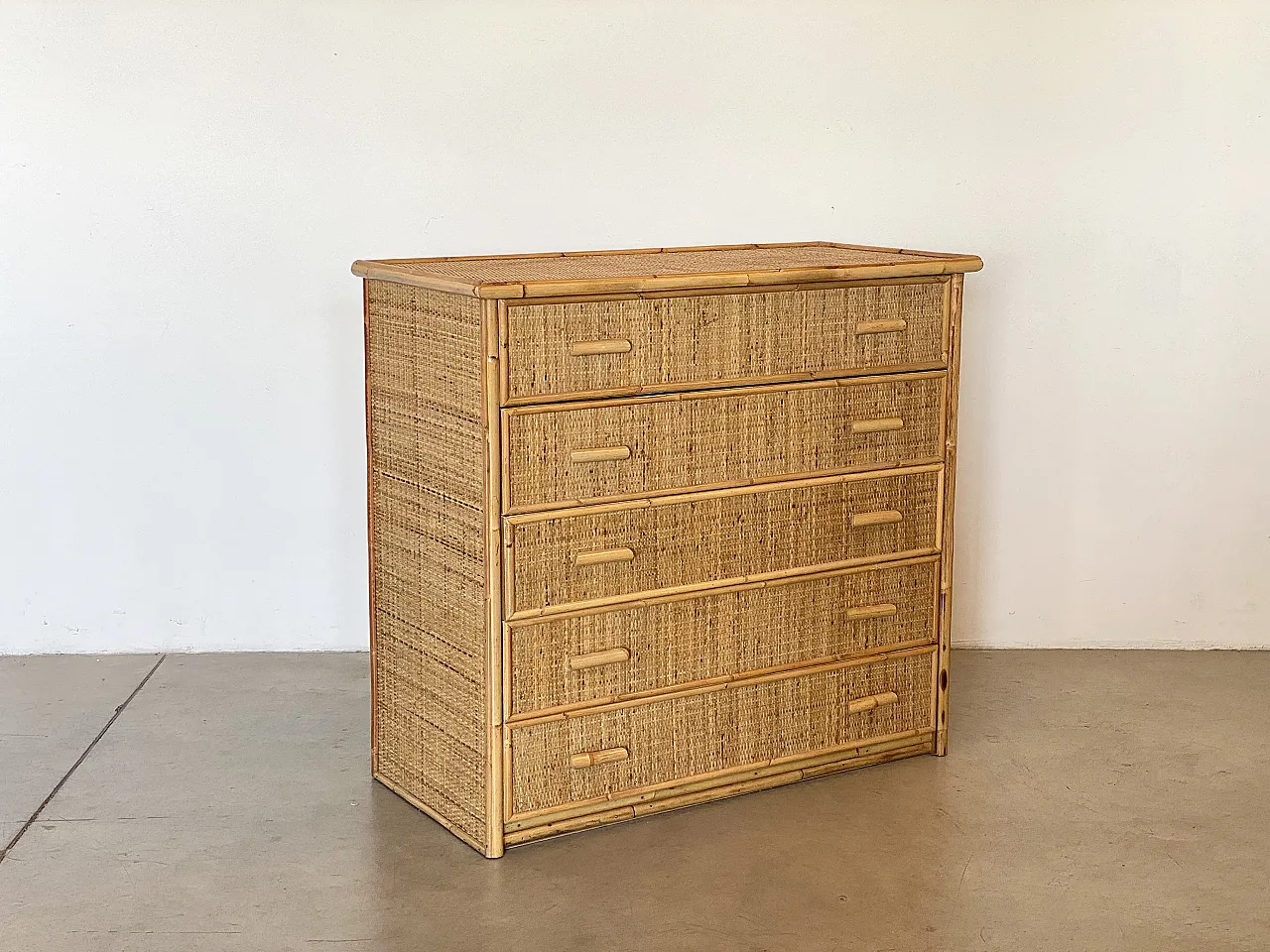 Drawer in wicker and bamboo 70s 3