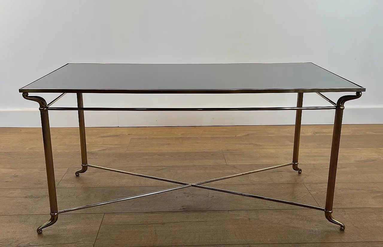 Tavolino in ottone con piano in vetro laccato nero, anni '40 3