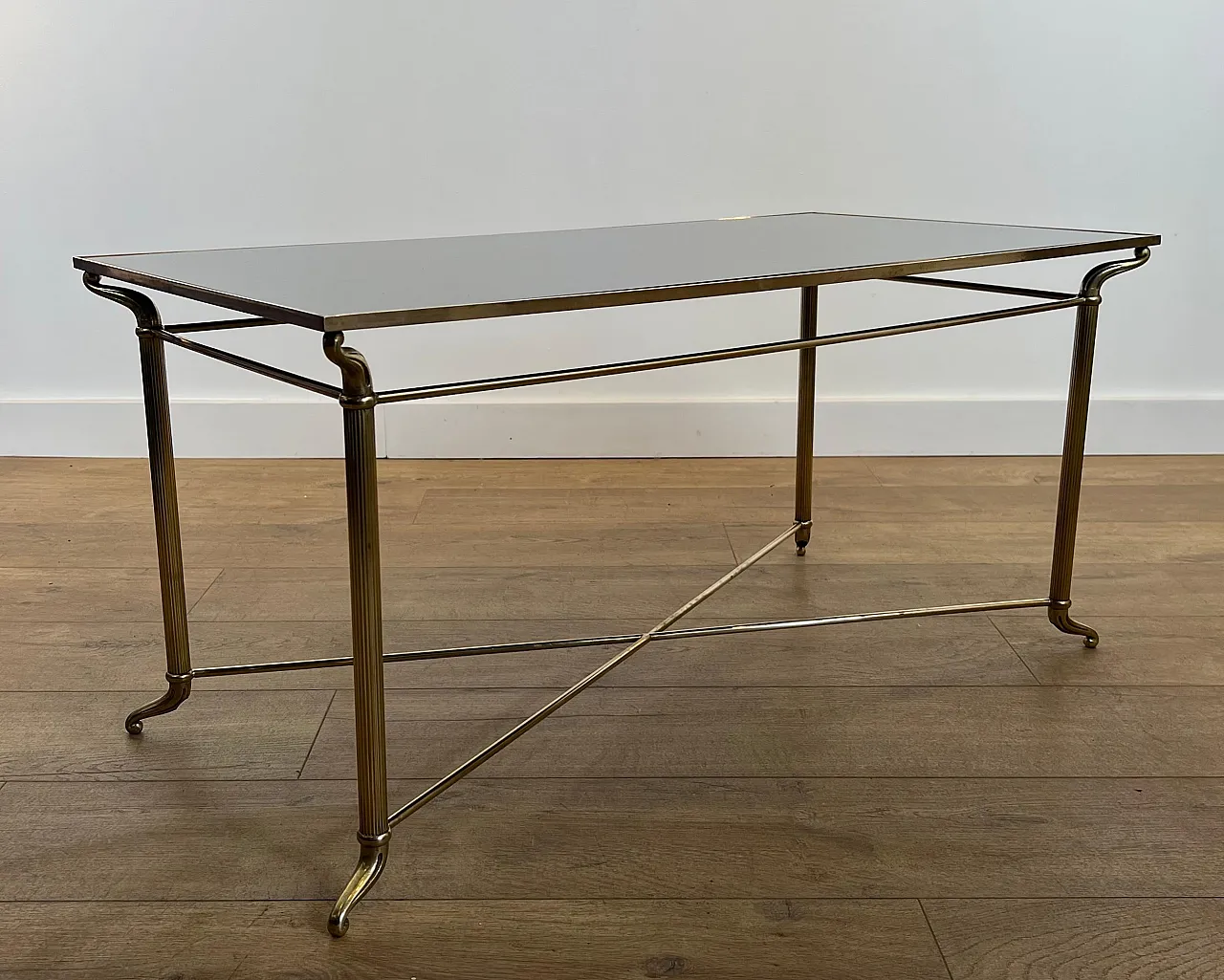 Tavolino in ottone con piano in vetro laccato nero, anni '40 5