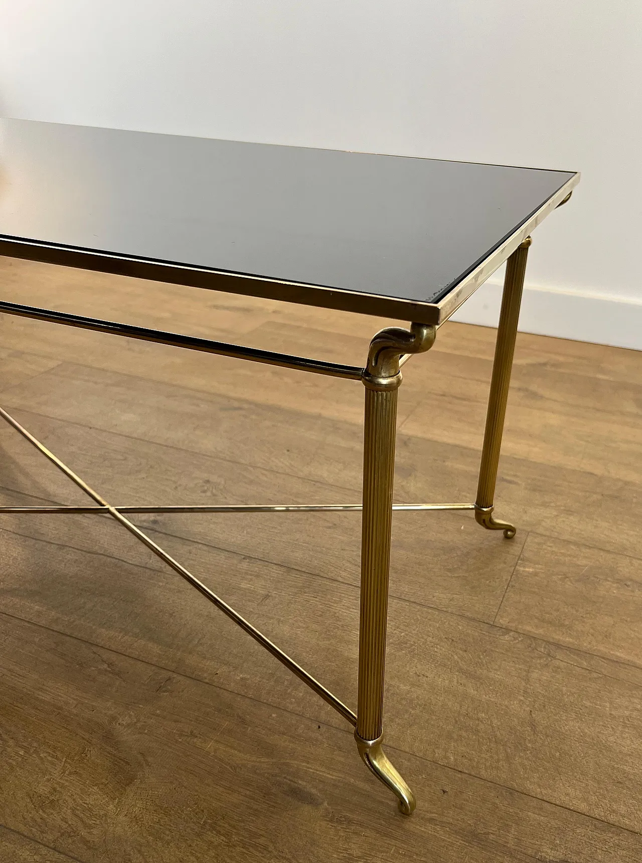 Tavolino in ottone con piano in vetro laccato nero, anni '40 8