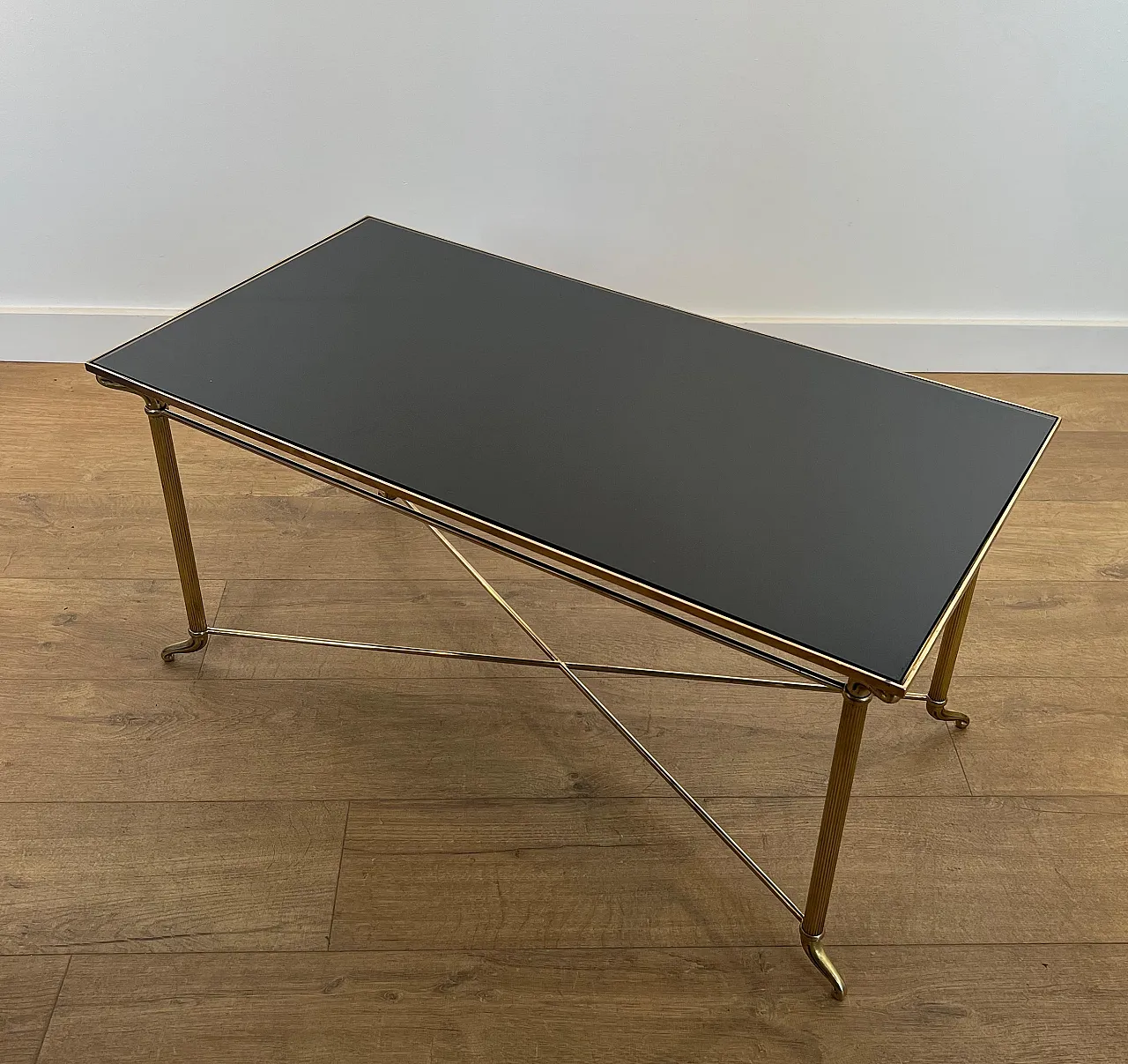 Tavolino in ottone con piano in vetro laccato nero, anni '40 13