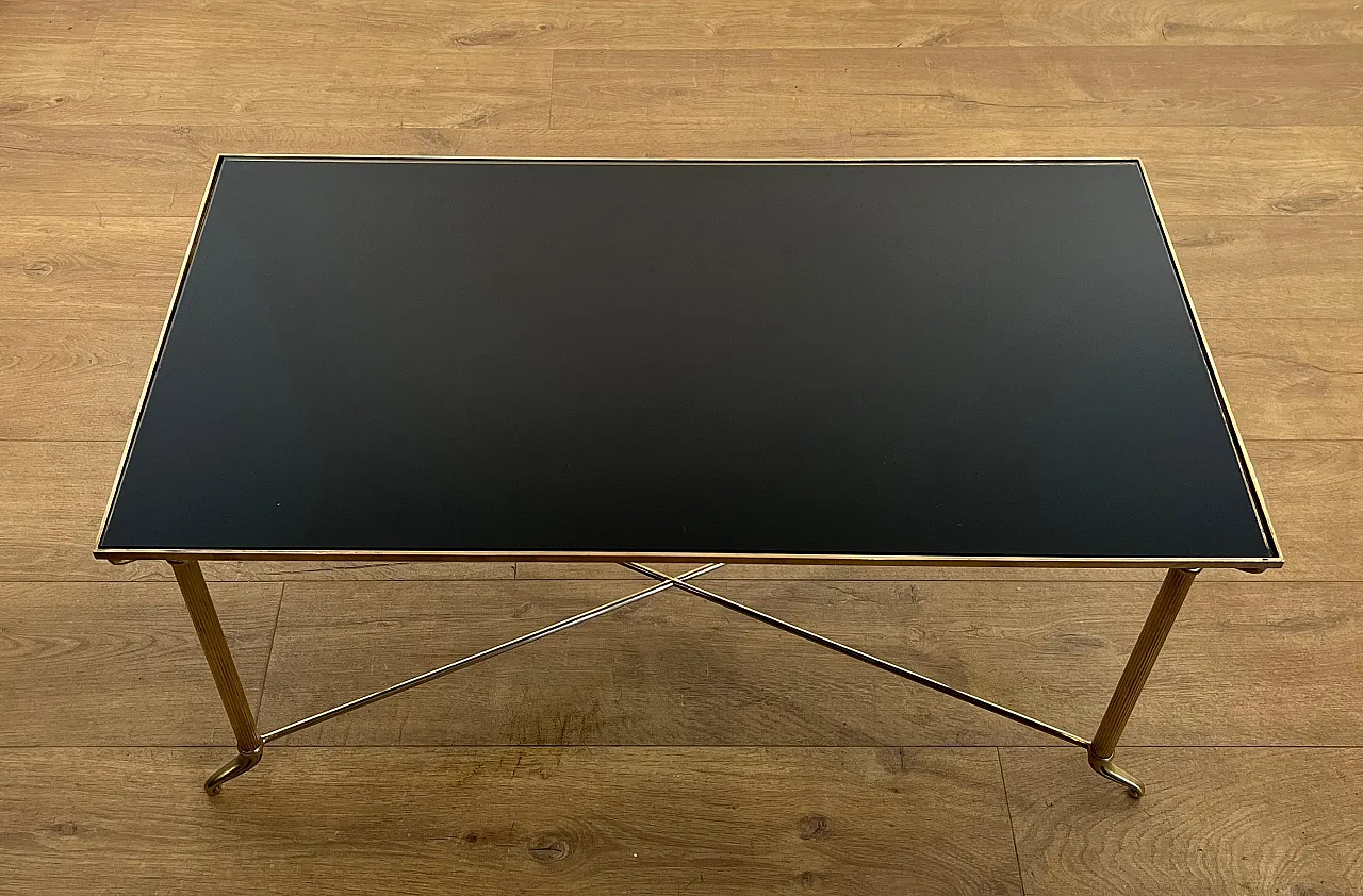 Tavolino in ottone con piano in vetro laccato nero, anni '40 14