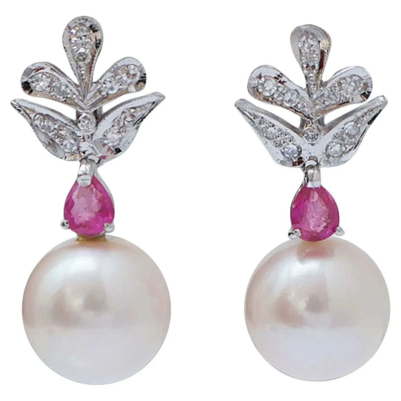 Earrings with white pearls, rubies, diamonds and platinum, 1970s 1