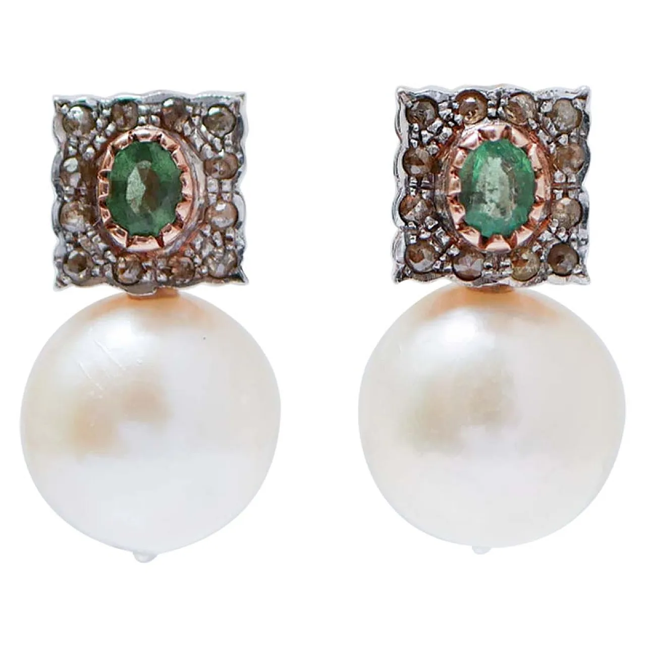 Gold and silver earrings with pearls, emeralds, diamonds, 2000s 1