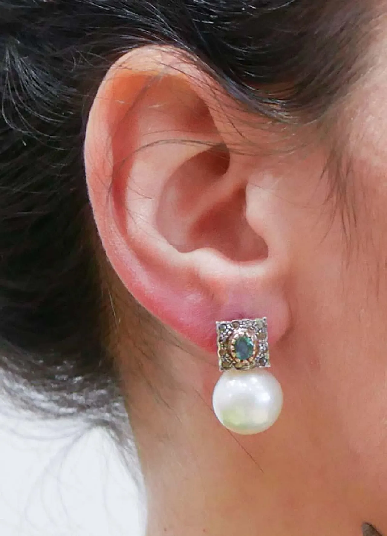 Gold and silver earrings with pearls, emeralds, diamonds, 2000s 5