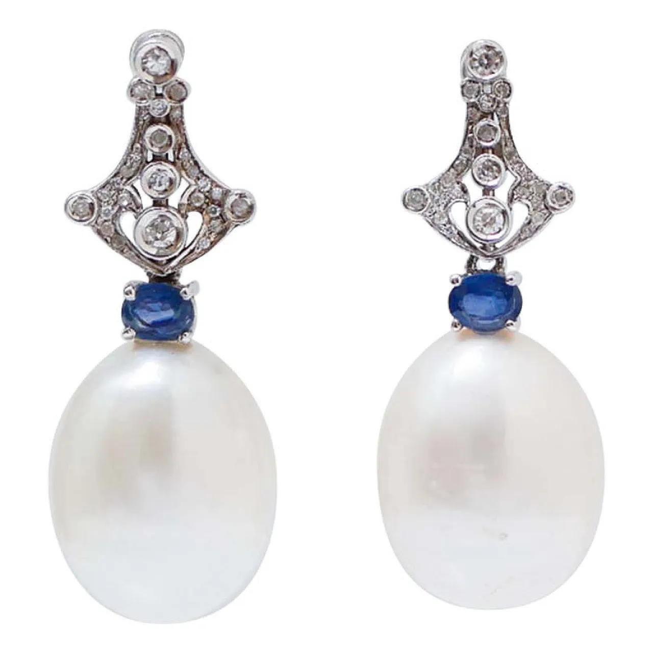 White gold earrings with pearls, diamonds, sapphires, 1970s 1