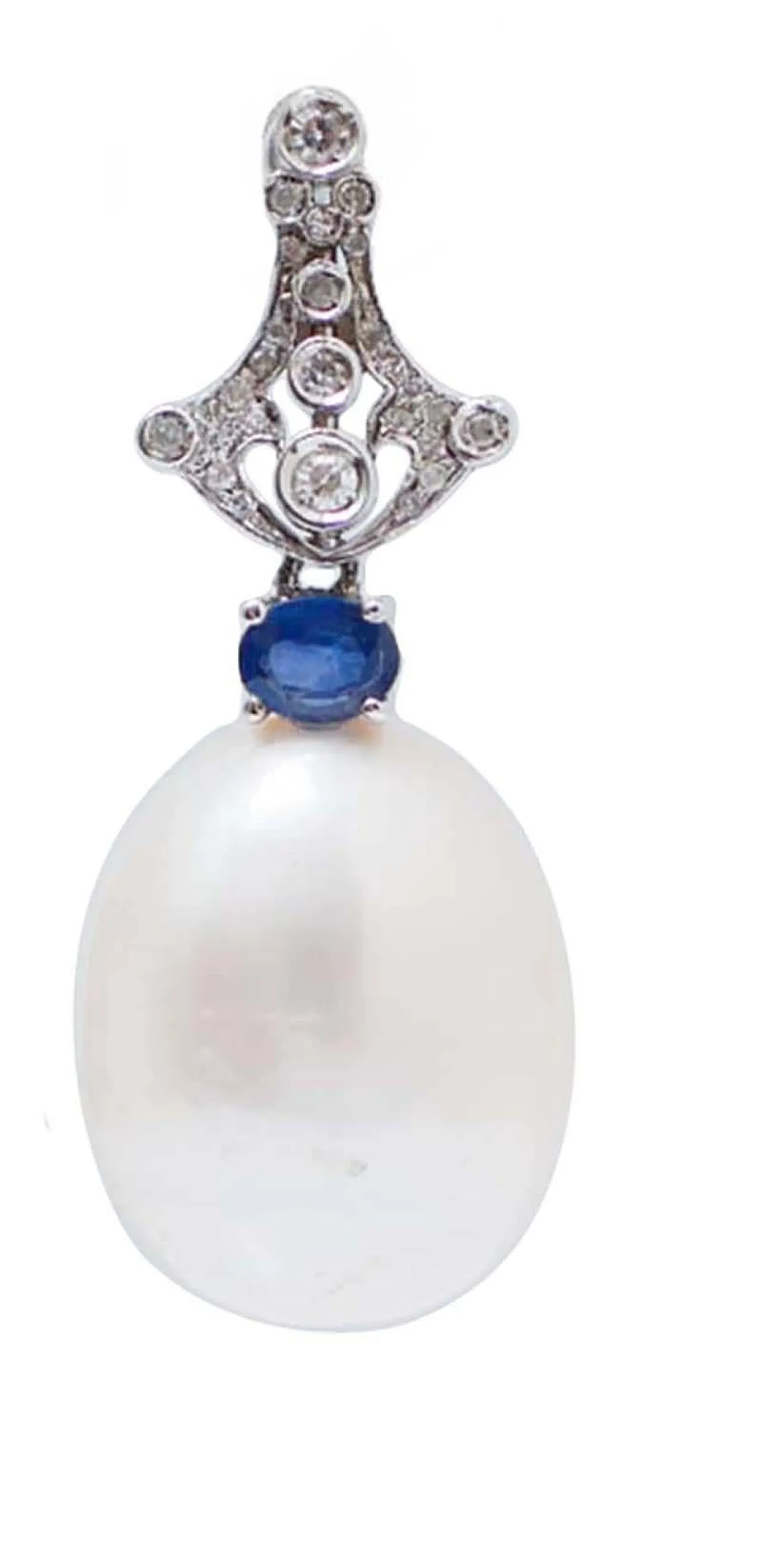 White gold earrings with pearls, diamonds, sapphires, 1970s 2