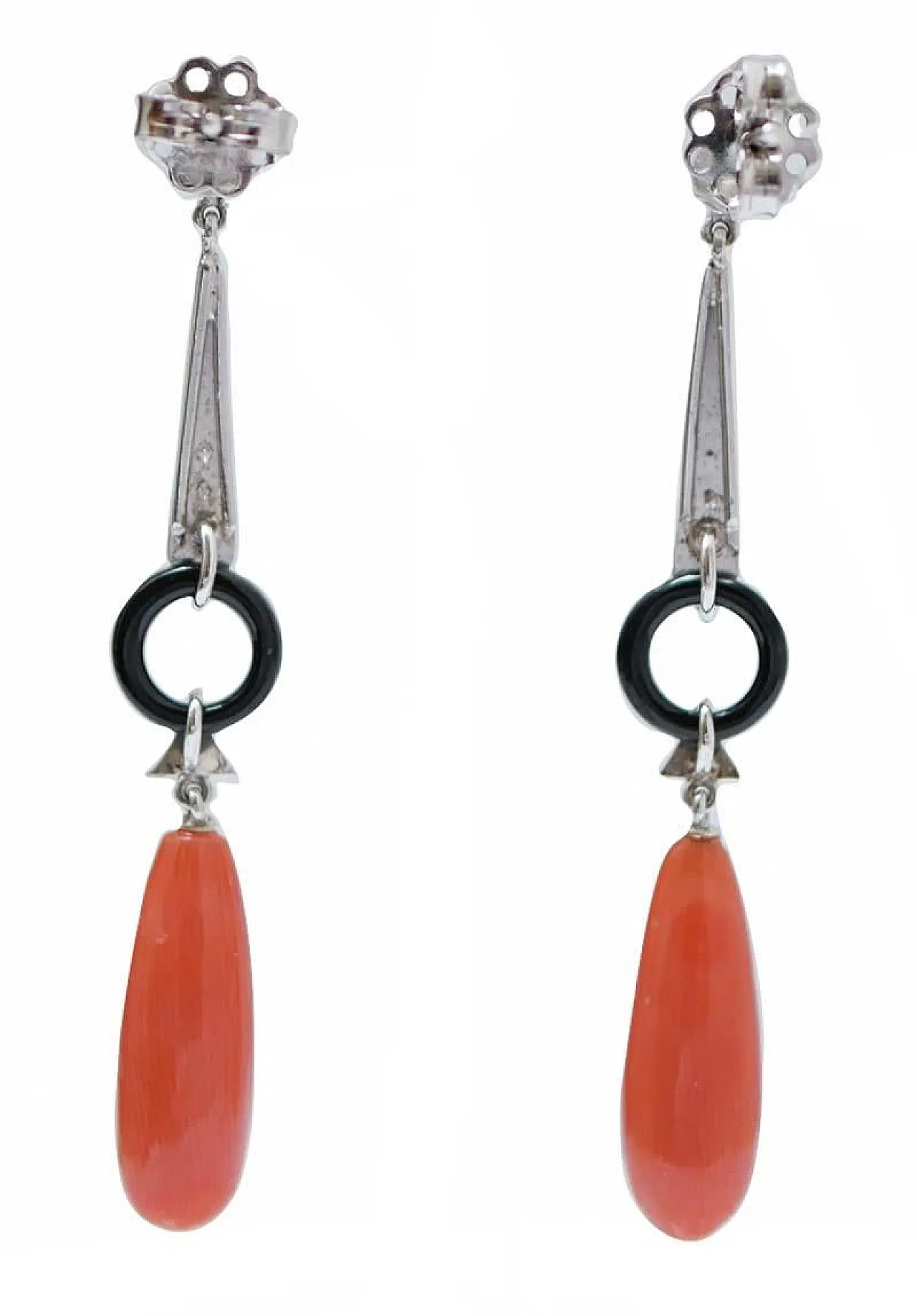 Platinum earrings with coral, onyx, diamonds, 1970s 3