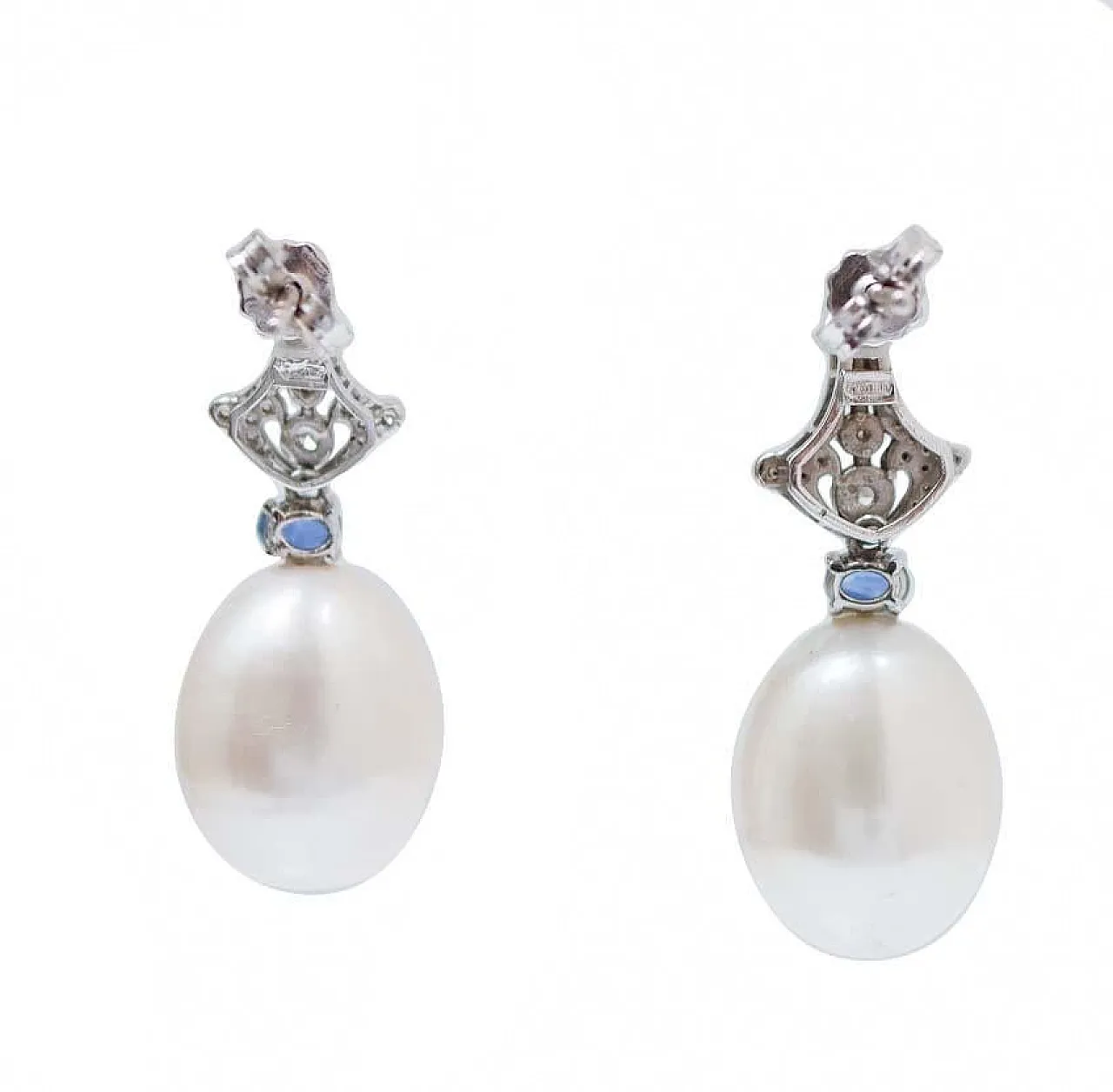 White gold earrings with pearls, diamonds, sapphires, 1970s 3