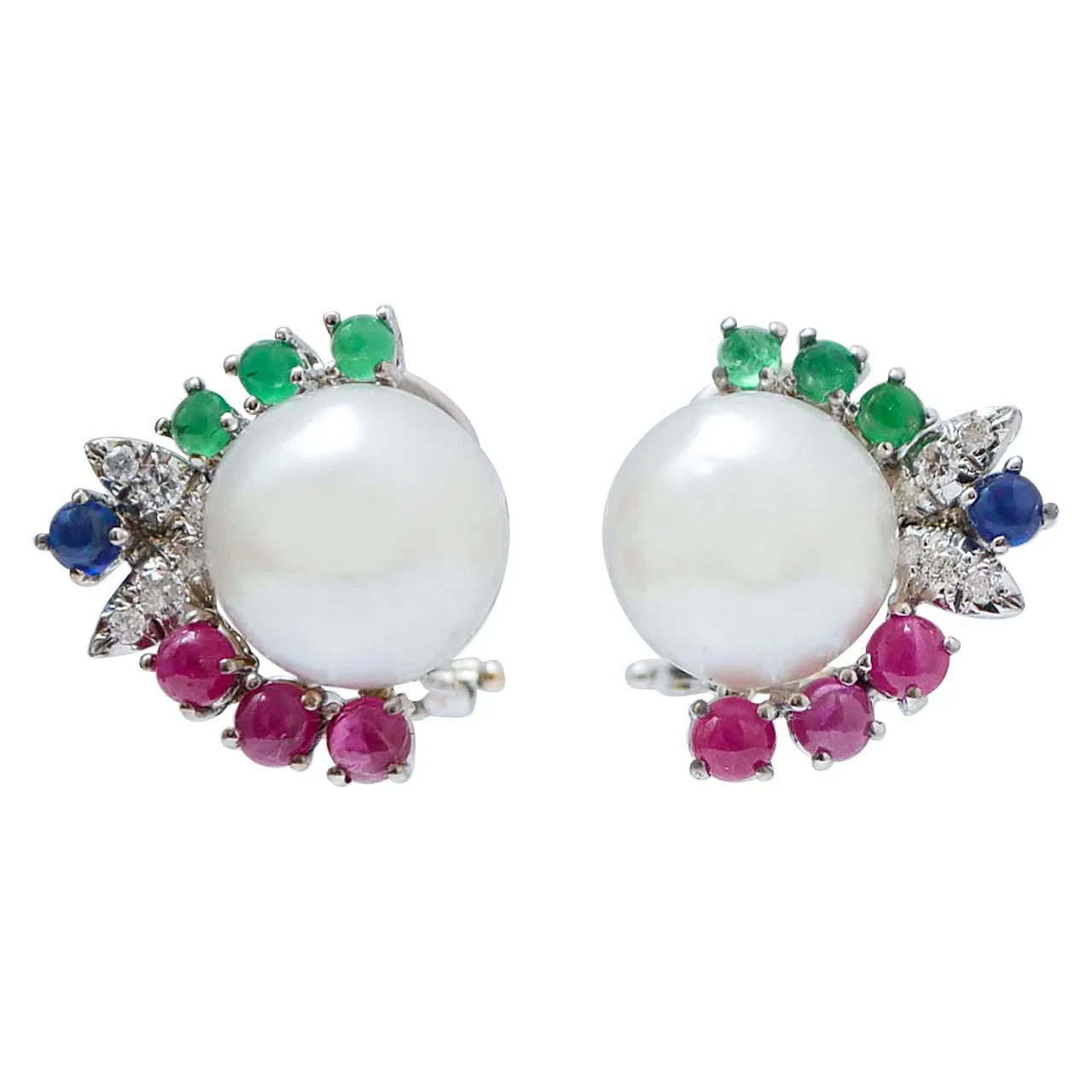 Earrings with pearls, rubies, emeralds, sapphires, white gold, 1970s 1