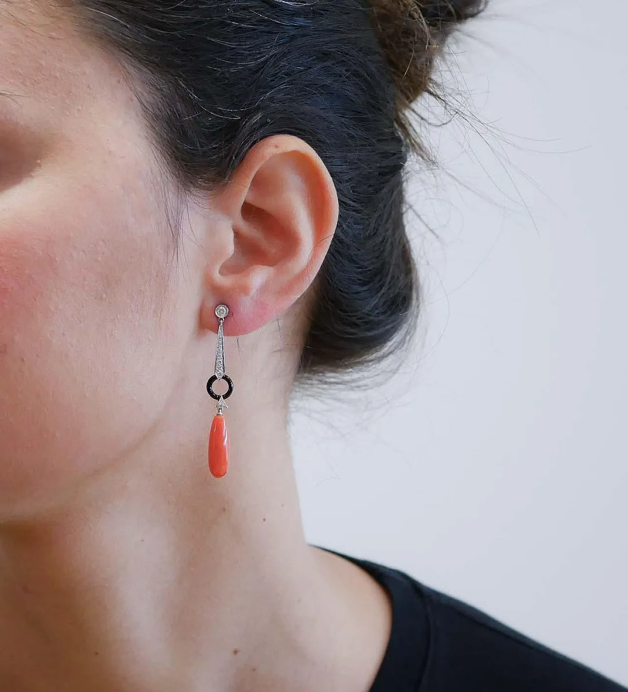 Platinum earrings with coral, onyx, diamonds, 1970s 4