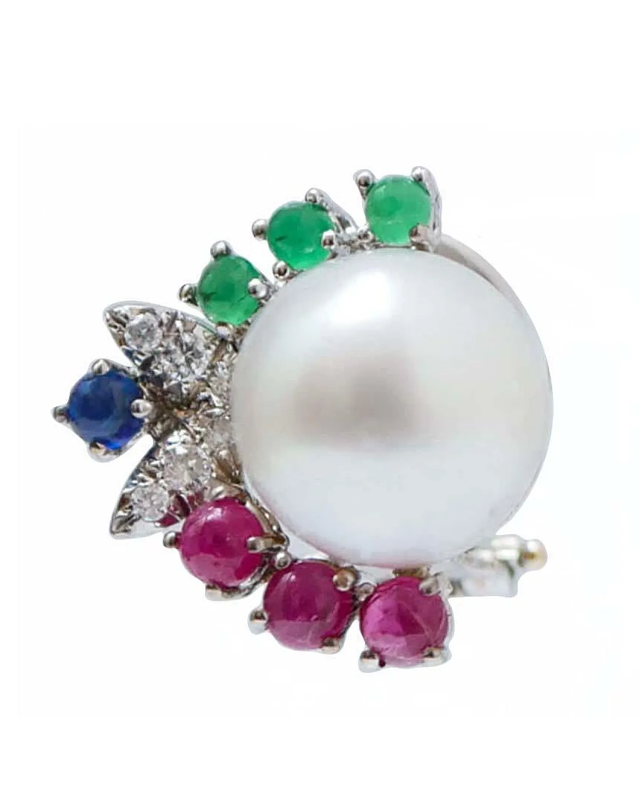 Earrings with pearls, rubies, emeralds, sapphires, white gold, 1970s 2