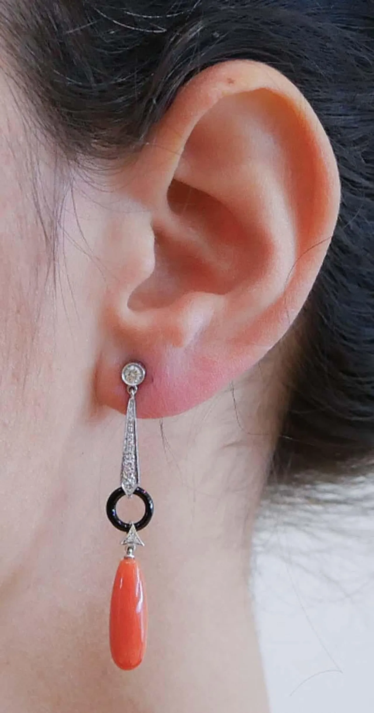 Platinum earrings with coral, onyx, diamonds, 1970s 5