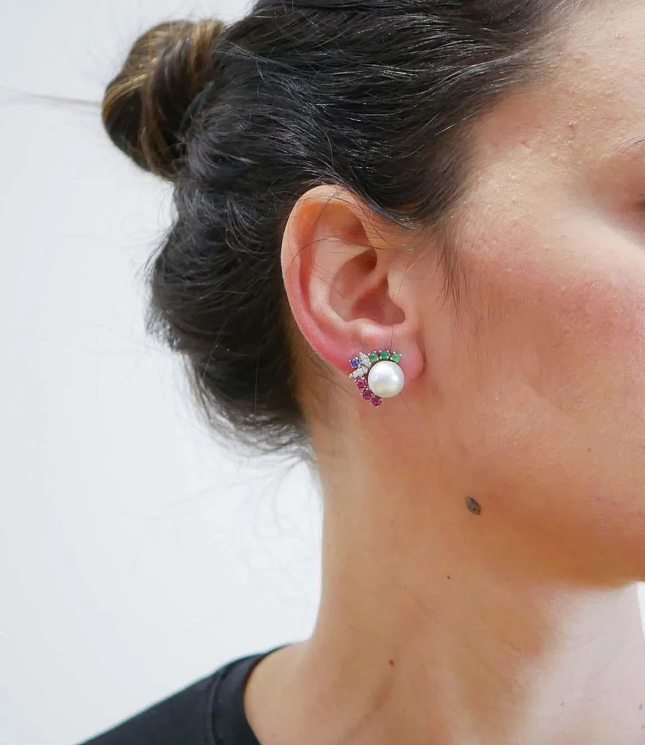 Earrings with pearls, rubies, emeralds, sapphires, white gold, 1970s 4