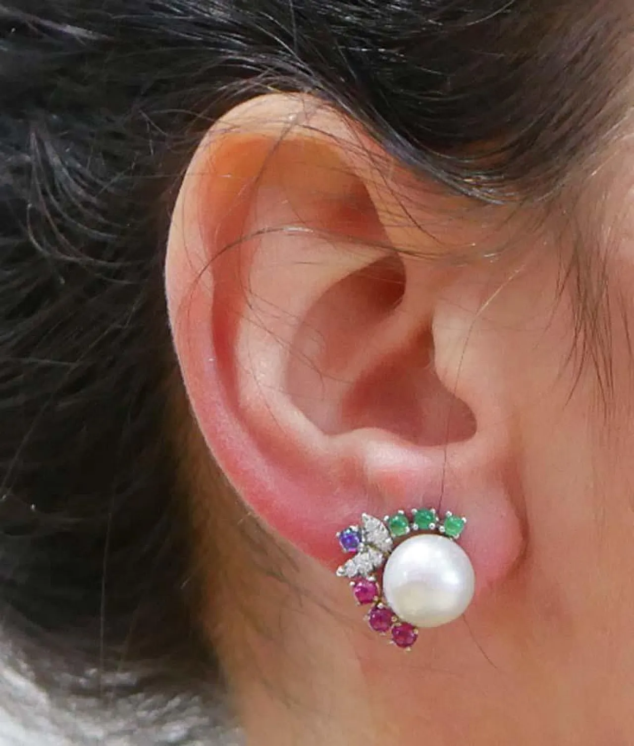 Earrings with pearls, rubies, emeralds, sapphires, white gold, 1970s 5