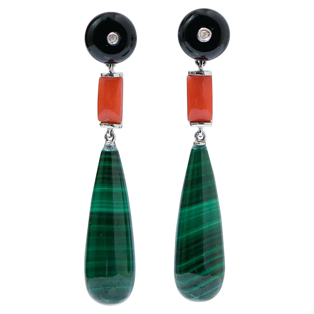 Earrings with onyx, coral, malakite, diamonds, platinum, 2000s 1