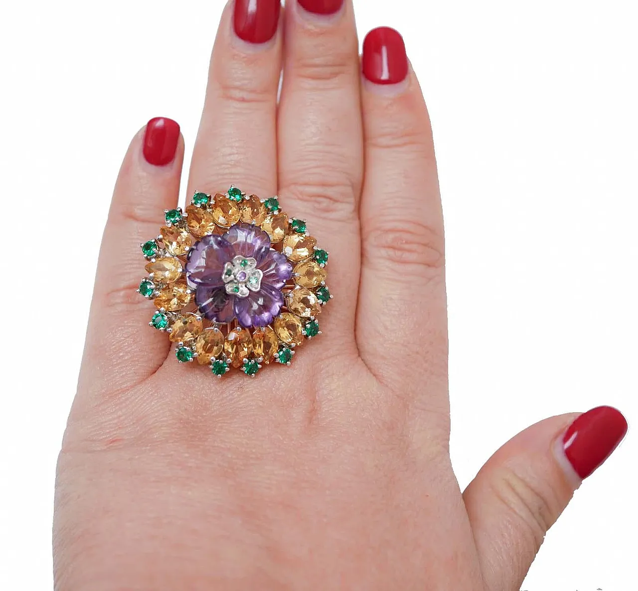 Ring with amethyst, spinel, topaz, rose gold and silver, 1950s 4