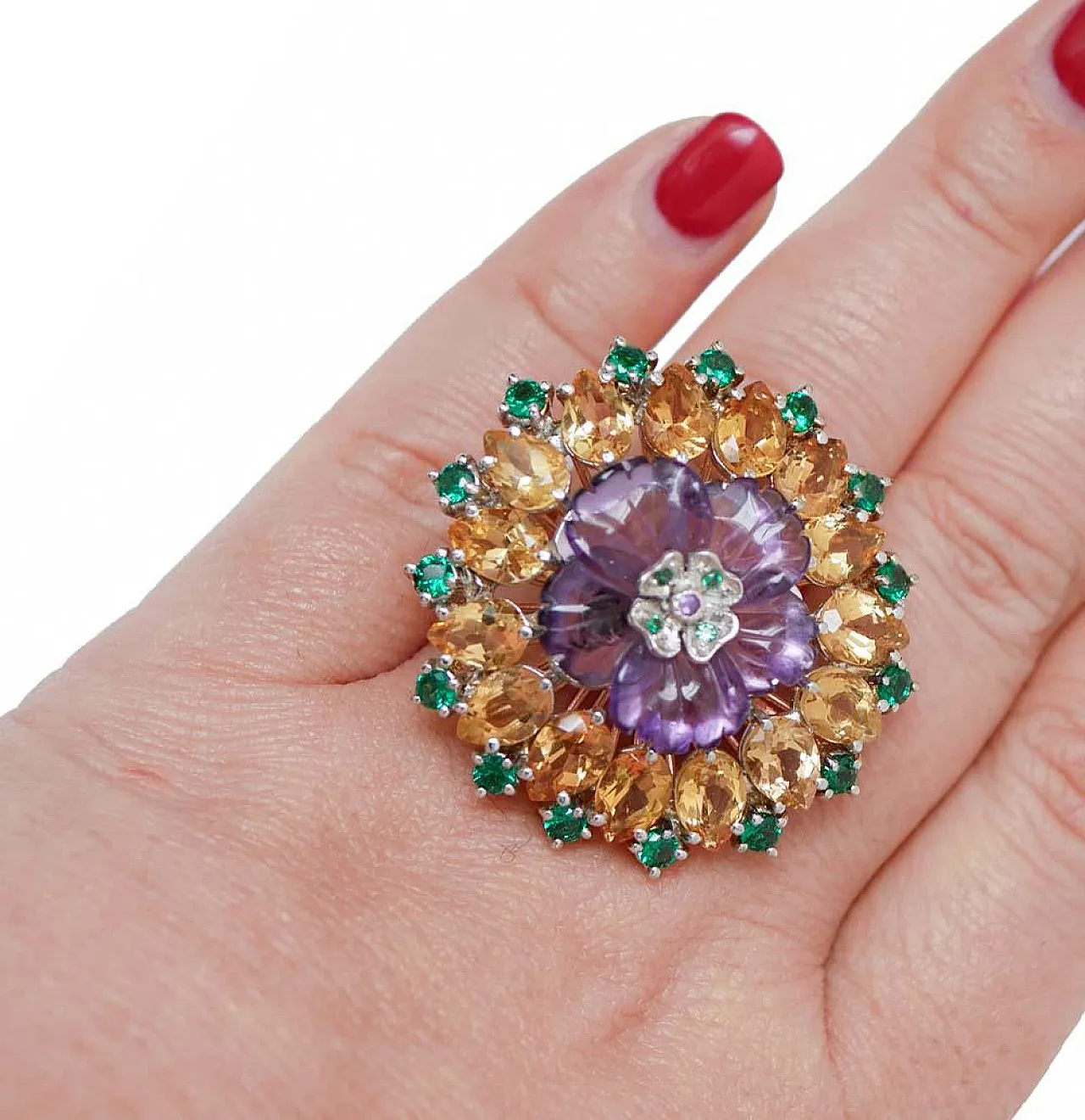 Ring with amethyst, spinel, topaz, rose gold and silver, 1950s 5