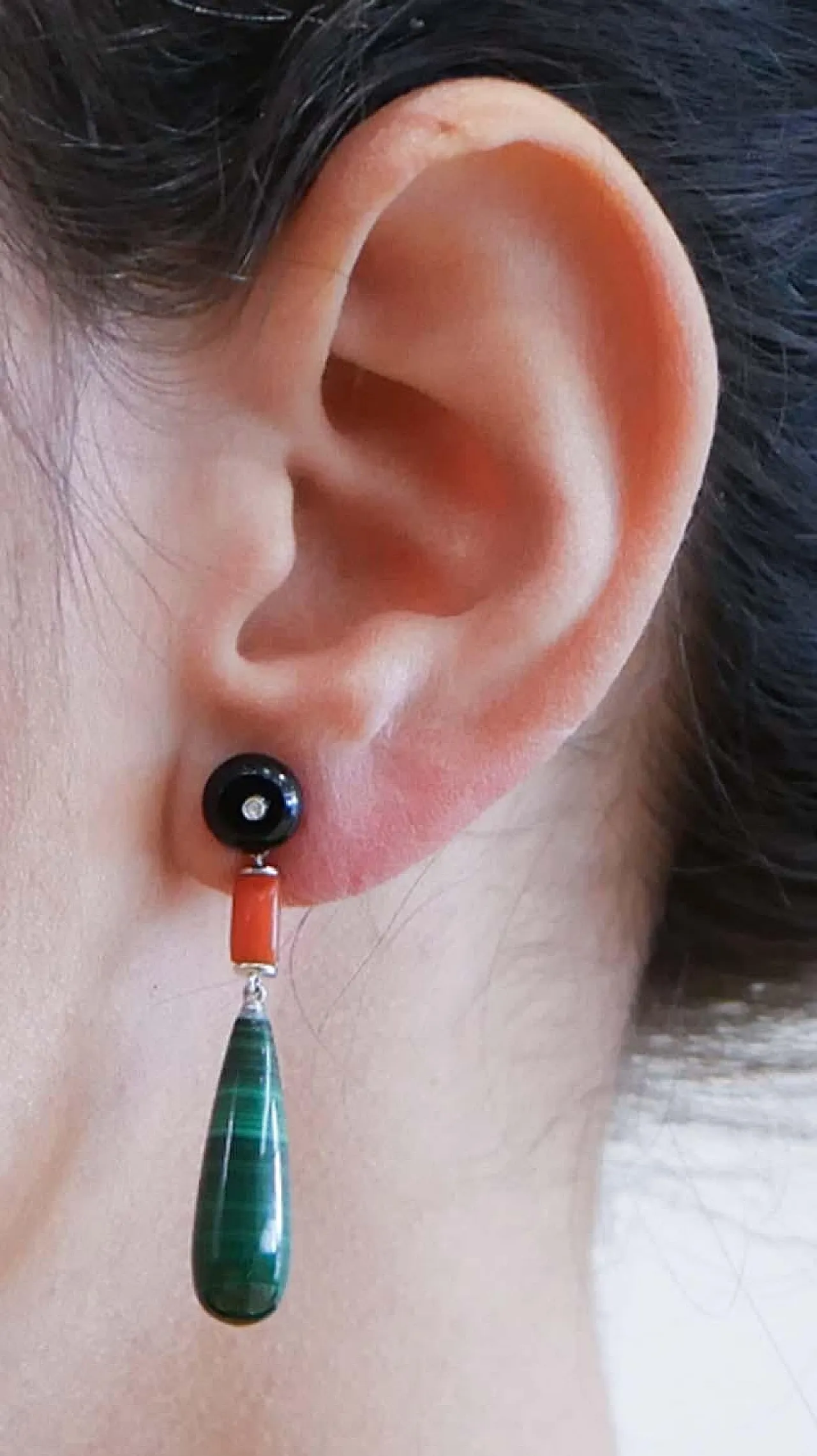 Earrings with onyx, coral, malakite, diamonds, platinum, 2000s 5