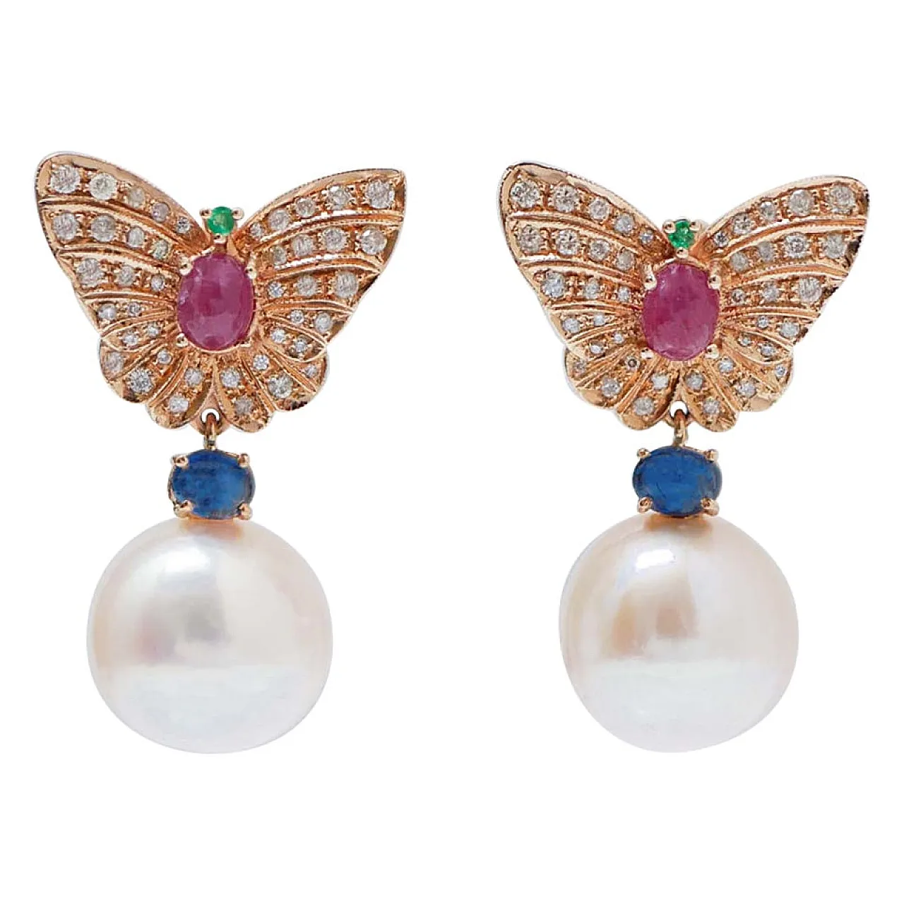 Orecchini in oro con perle, diamanti, rubini, zaffiri, smeraldi, 1970 1