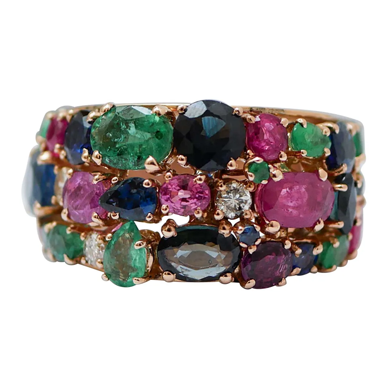 Gold ring with rubies, emeralds, sapphires, diamonds, 1970s 1