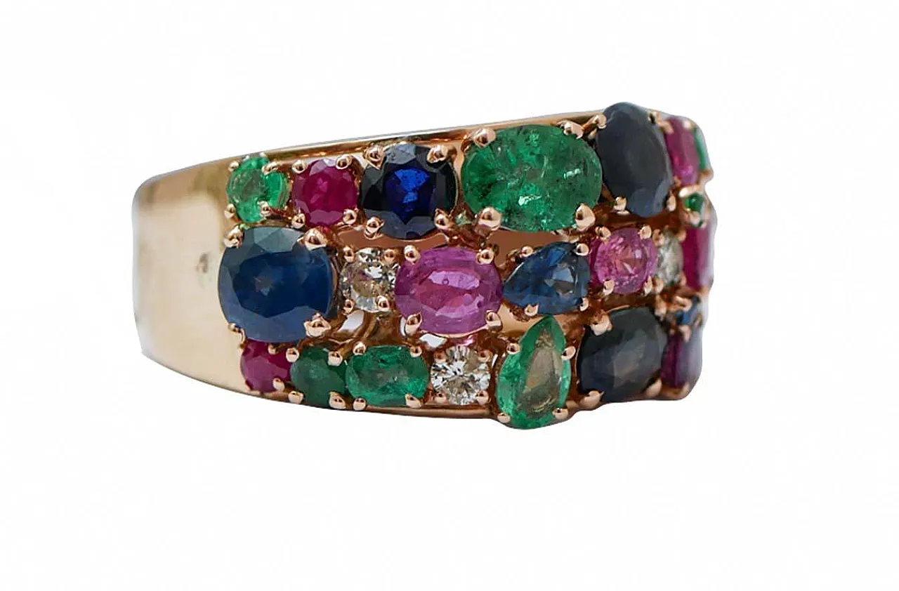 Gold ring with rubies, emeralds, sapphires, diamonds, 1970s 2