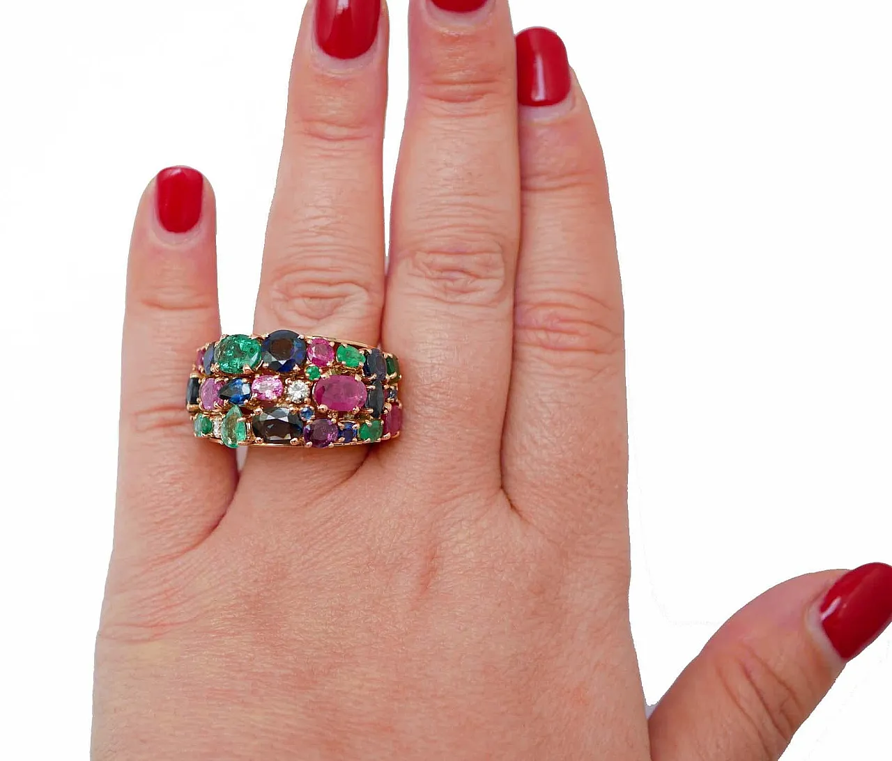 Gold ring with rubies, emeralds, sapphires, diamonds, 1970s 4