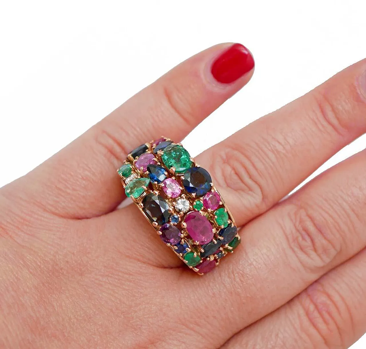 Gold ring with rubies, emeralds, sapphires, diamonds, 1970s 5