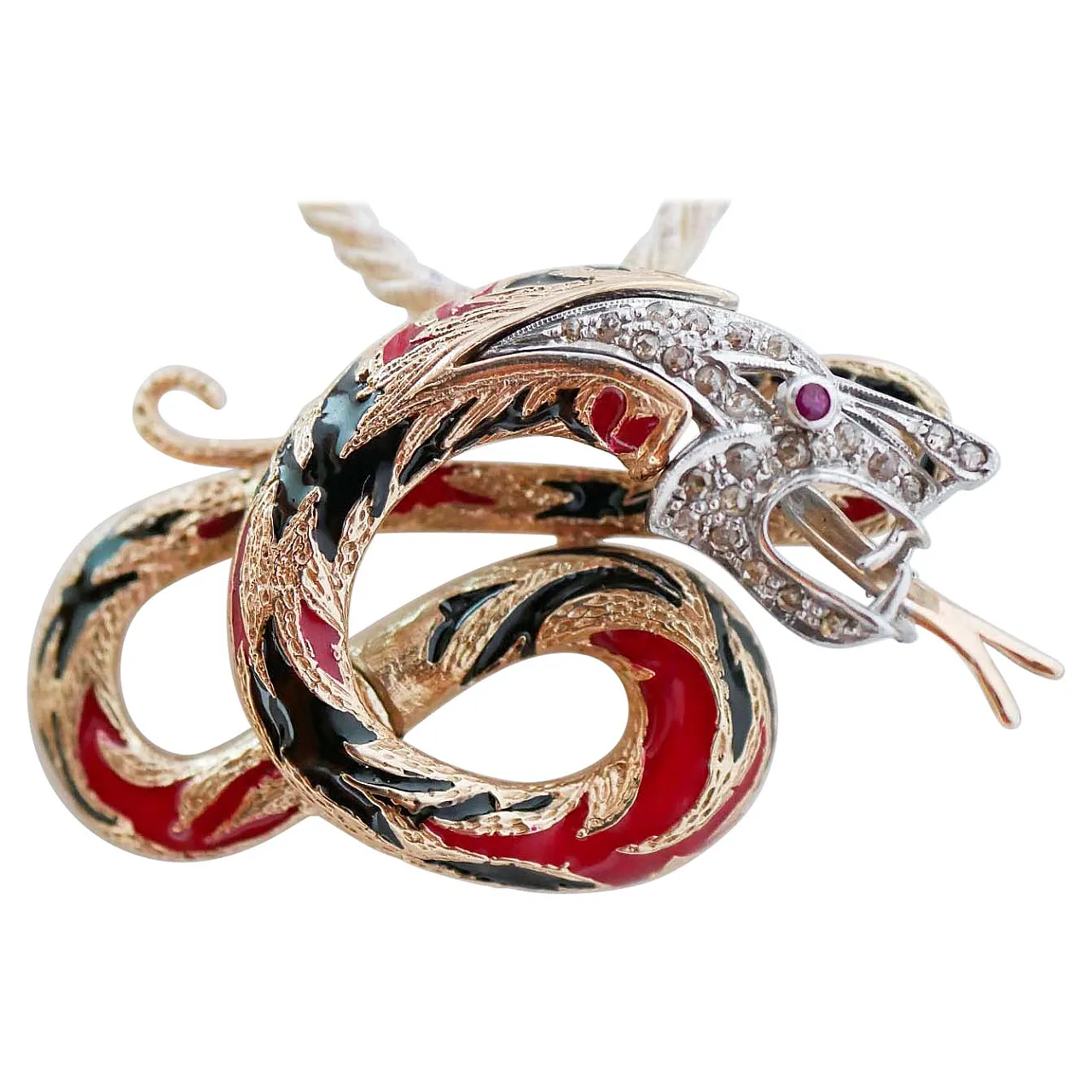 Gold and silver dragon pendant with rubies, diamonds, enamel, 1970s 1