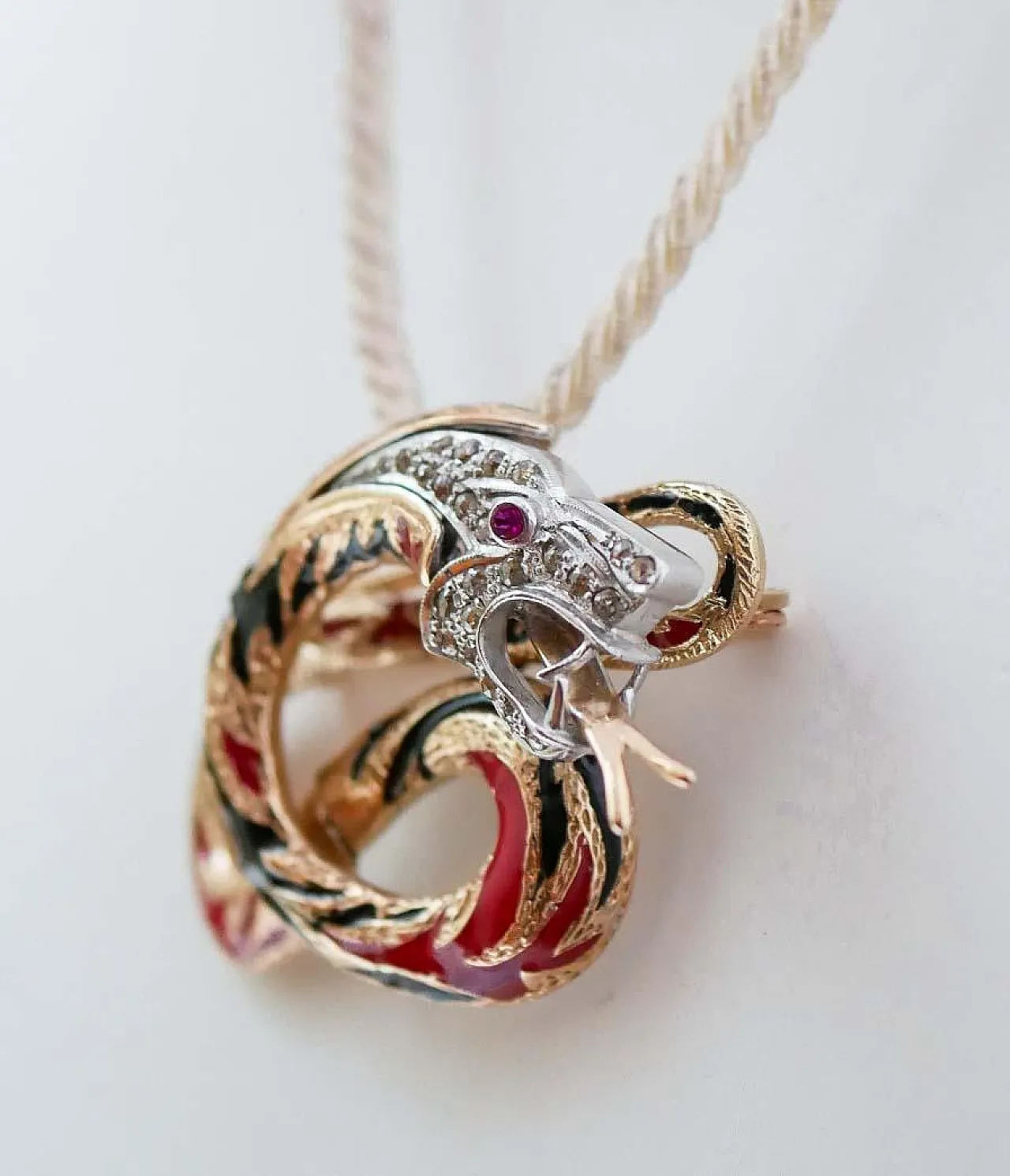 Gold and silver dragon pendant with rubies, diamonds, enamel, 1970s 3