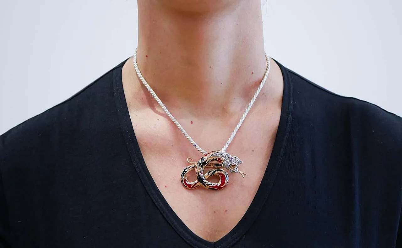 Gold and silver dragon pendant with rubies, diamonds, enamel, 1970s 6