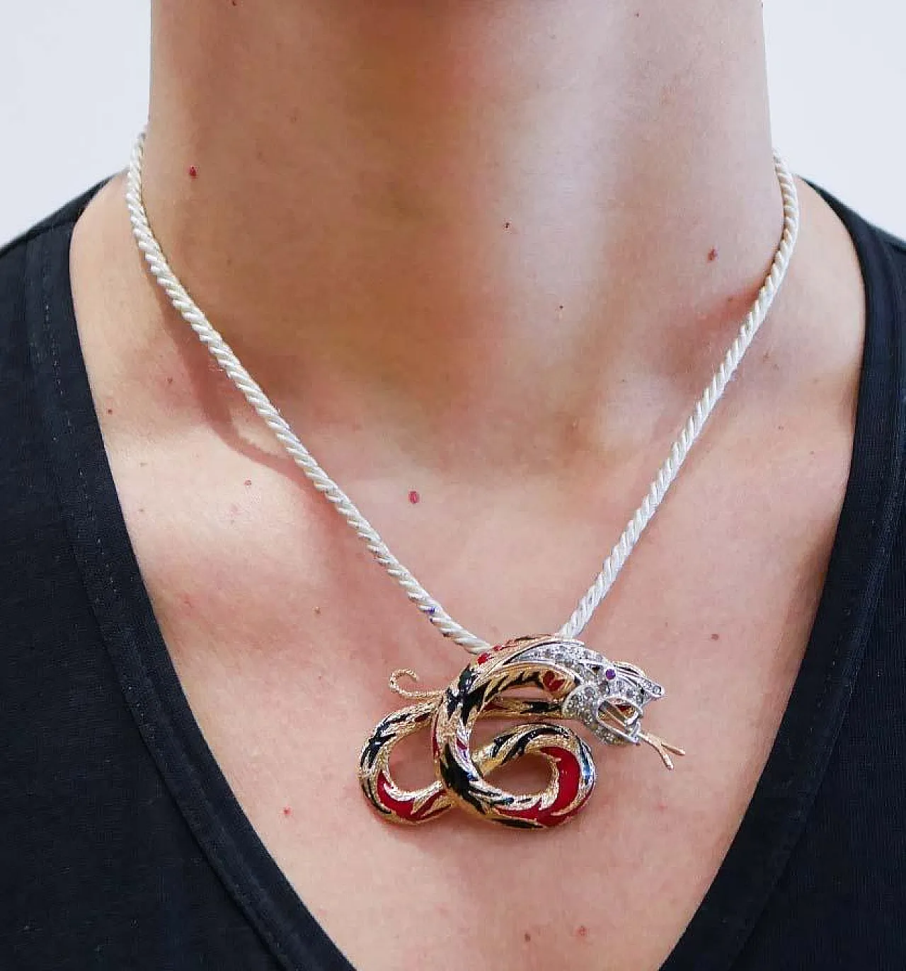 Gold and silver dragon pendant with rubies, diamonds, enamel, 1970s 7