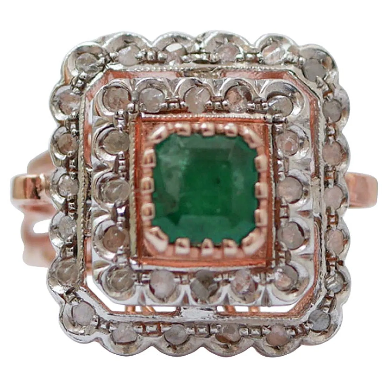 Anello con smeraldo, diamanti, oro rosa e argento, anni '60 1
