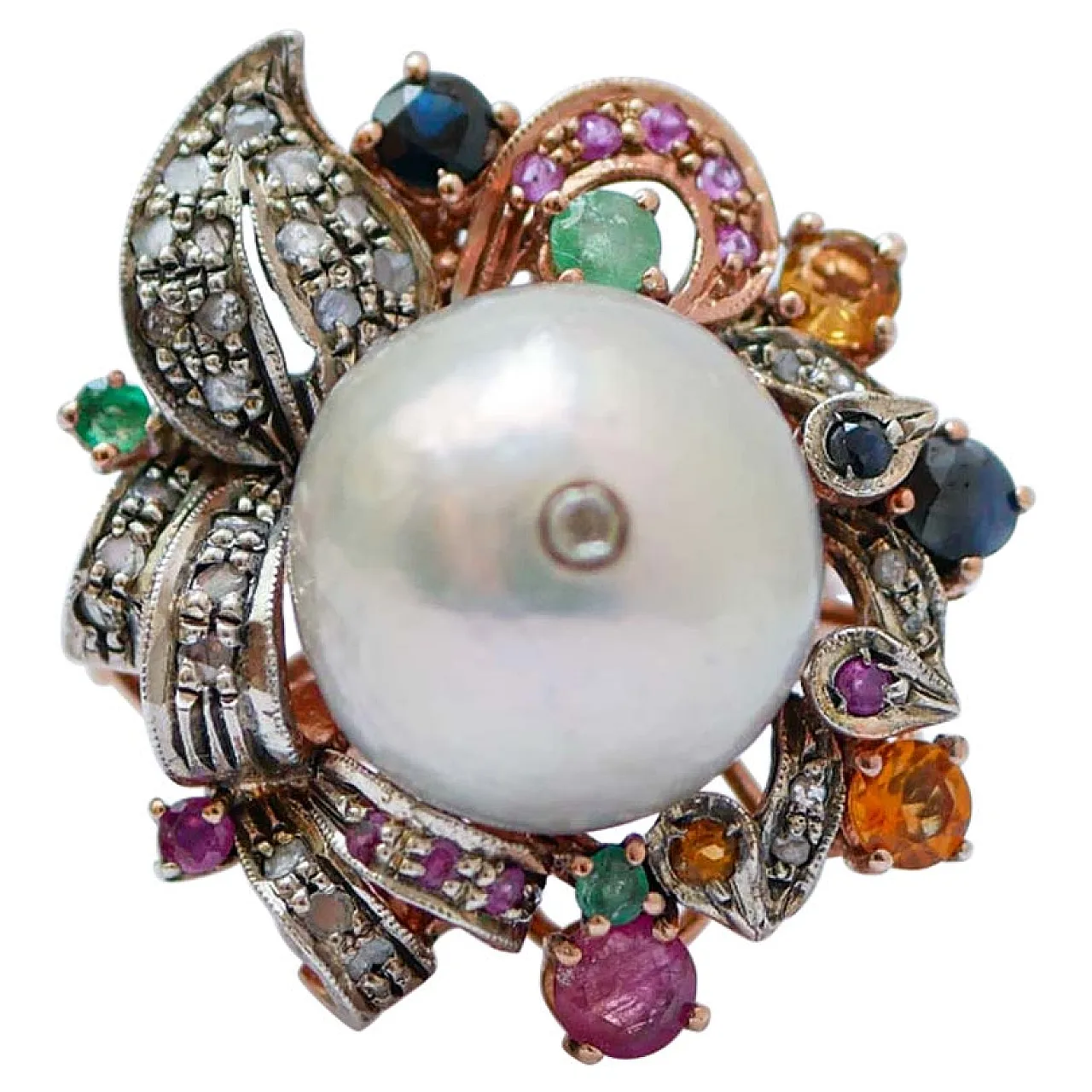 Ring with pearl, emeralds, diamonds, sapphires, rubies, 1960s 1