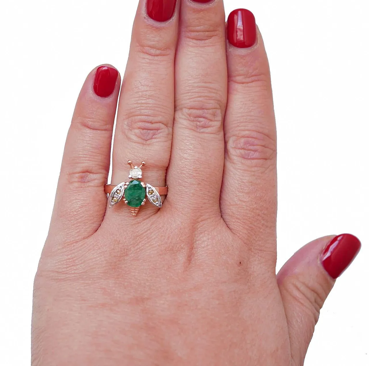 Anello con smeraldo, diamanti, oro rosa e argento, anni '70 4