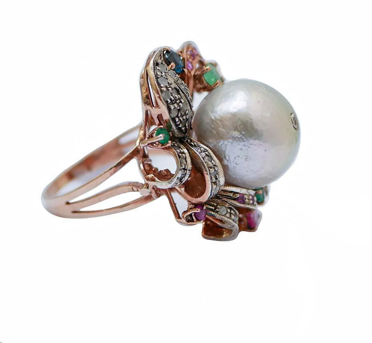 Ring with pearl, emeralds, diamonds, sapphires, rubies, 1960s 2
