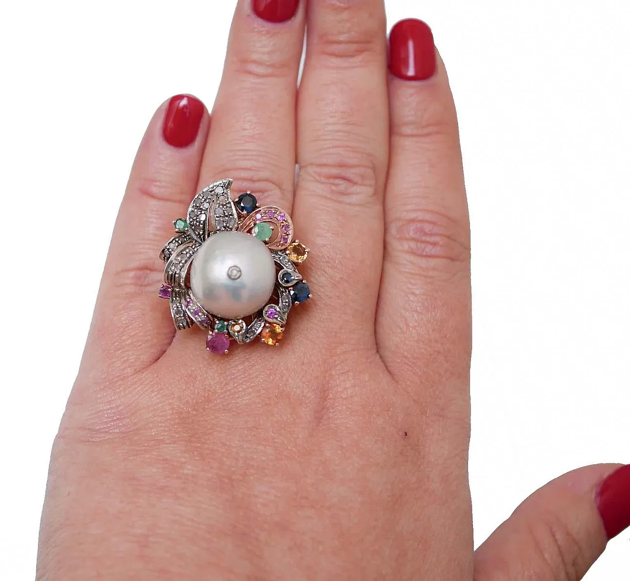 Ring with pearl, emeralds, diamonds, sapphires, rubies, 1960s 4