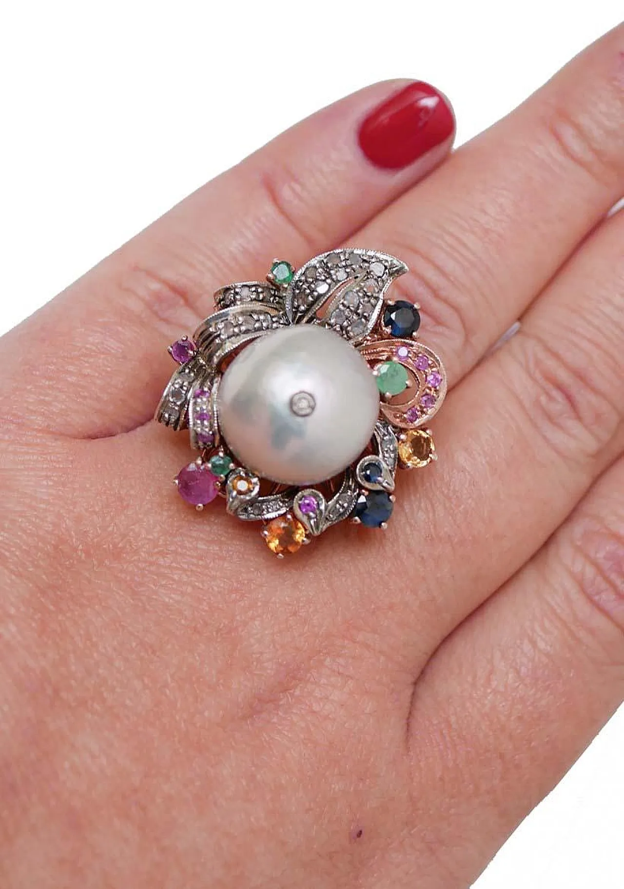 Ring with pearl, emeralds, diamonds, sapphires, rubies, 1960s 5