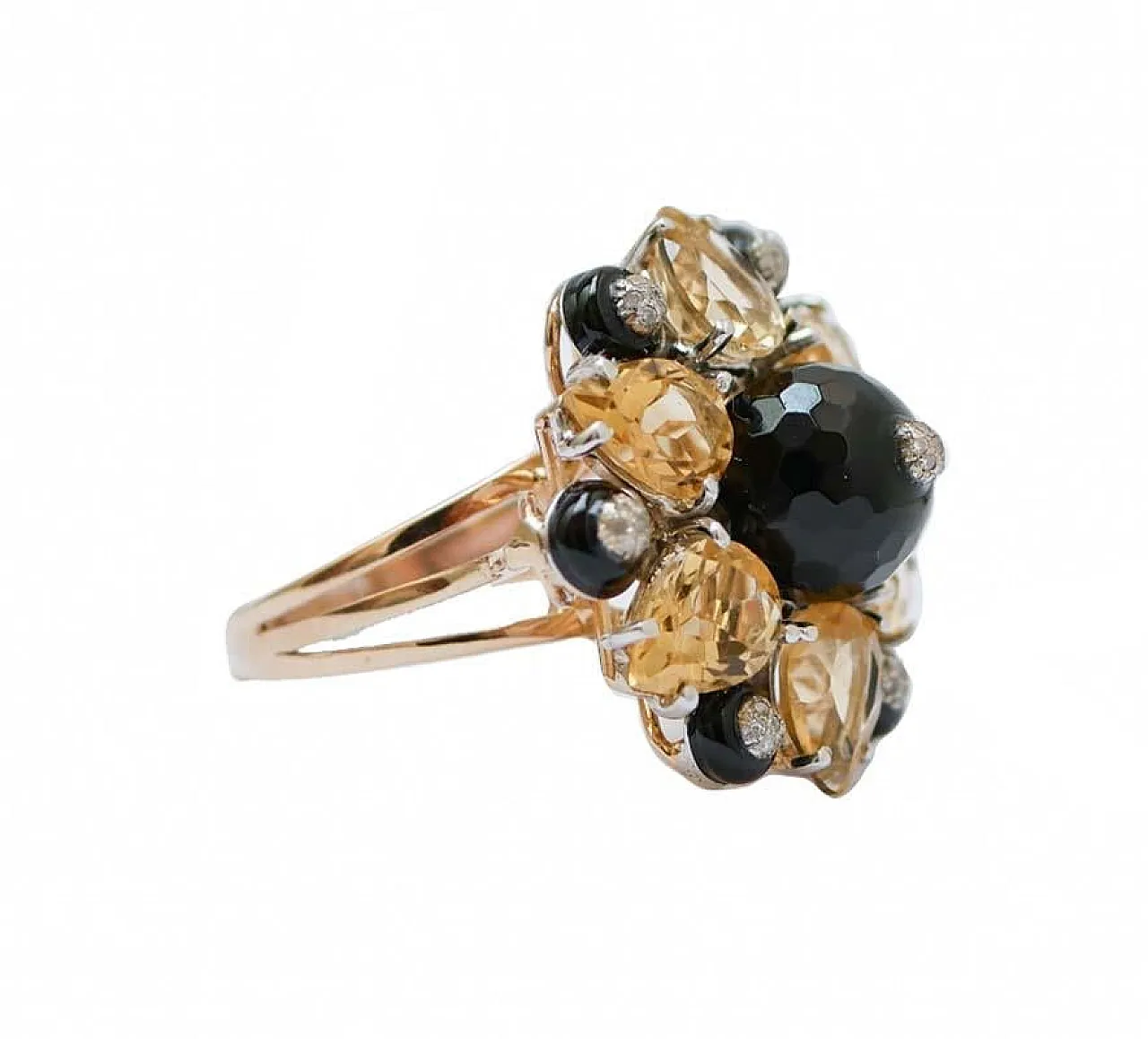 Anello in onice, topazio, diamanti, oro rosa e argento, anni '70 2