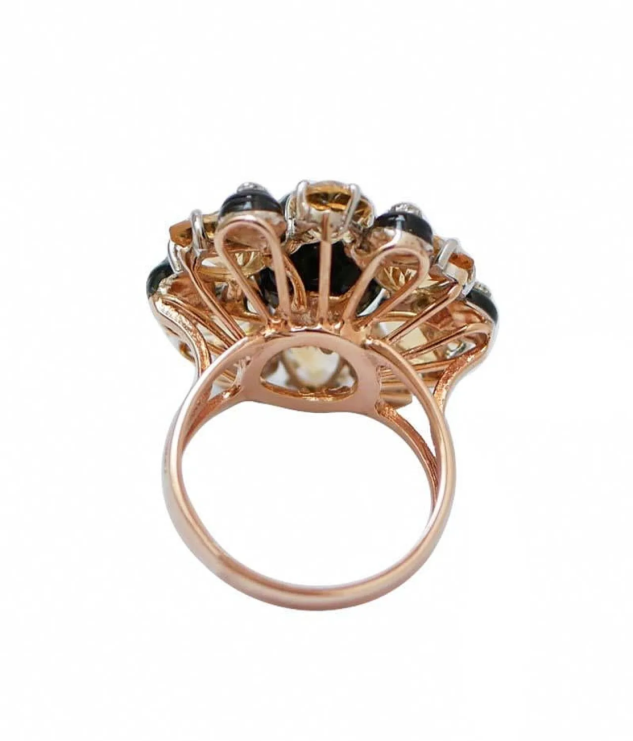 Anello in onice, topazio, diamanti, oro rosa e argento, anni '70 3